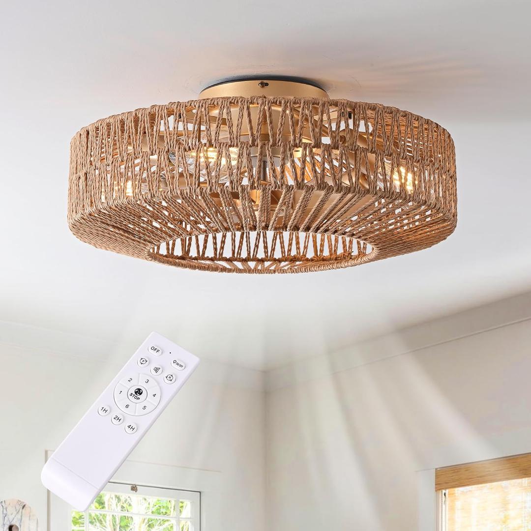 20" Boho Caged Fandelier with Lights Flush Mount Rattan Ceiling Fan with Lights and Remote Control, Enclosed 6 Speeds Low Profile Fan Light for Bedroom, Living Room, Kitchen