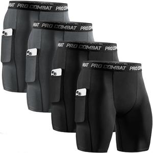 Niksa 4 Pack Compression Shorts Men with Pocket, Spandex Running Shorts Sport Athletic Workout Performance Underwear S