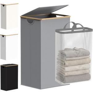 efluky Laundry Basket with Lid and Removable Bag, 100L Tall Laundry Hamper with Bamboo Handles, Aesthetic Dirty Clothes Bin for Laundry Room, Bathroom, Bedroom and Dorm, Silver Grey
