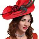 Cizoe Fascinators for Women Derby Headpiece Tea Party Hats with Veil Wedding Headware Bridal Headpiece (04-red)