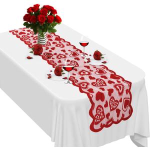 Valentines Table Runner, 13 x 72 Inch Red Heart Lace Table Runner for Valentines Decorations Romantic Home Kitchen Dining Table Decor Indoor Outdoor Wedding Holiday Anniversary Party Decorations