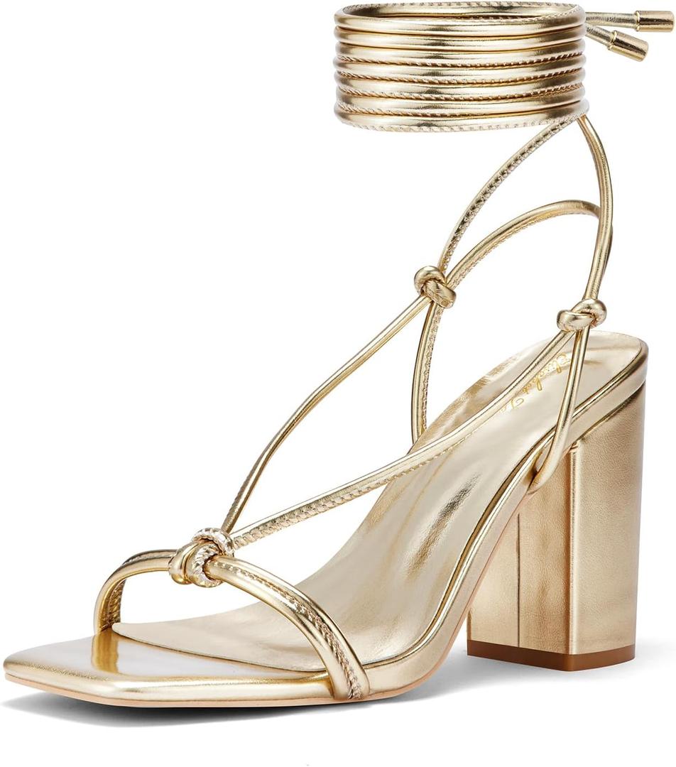 Elisabet Tang Women's Lace Up Chunky Heels Sandals, 3 inch Block Heels Ankle Wrap Strappy Heel Square Open Toe Strappy Heeled Sandals Shoes Gold Size 8