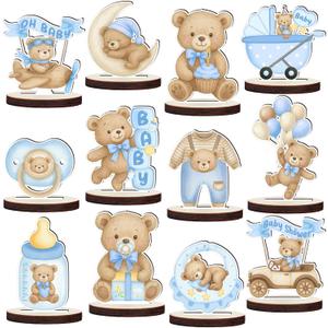 12 Pcs Wooden Baby Shower Centerpieces for Tables - Secure Fit Bear Table Decorations for Gender Reveal - Double Sided Blue Bear Table Toppers for Birthday Party Decor, Photo Props