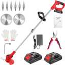 Weed Wacker 21V, Bamse Cordless String Trimmer with 2 Batteries 2.0Ah, 2 Types Metal Blades Powered Weed Eater, Pruning Shears, Adjustable Pole GrassTrimmer for Garden and Yard Lawn, Red