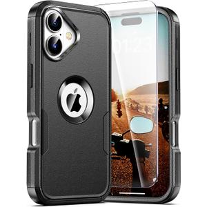 for iPhone 16 Case, 2X Screen Protector, Anti-Drop, 3Layer Military Grade Shockproof, Heavy Duty Protective Phone Cover, 6.1-Inch, Black