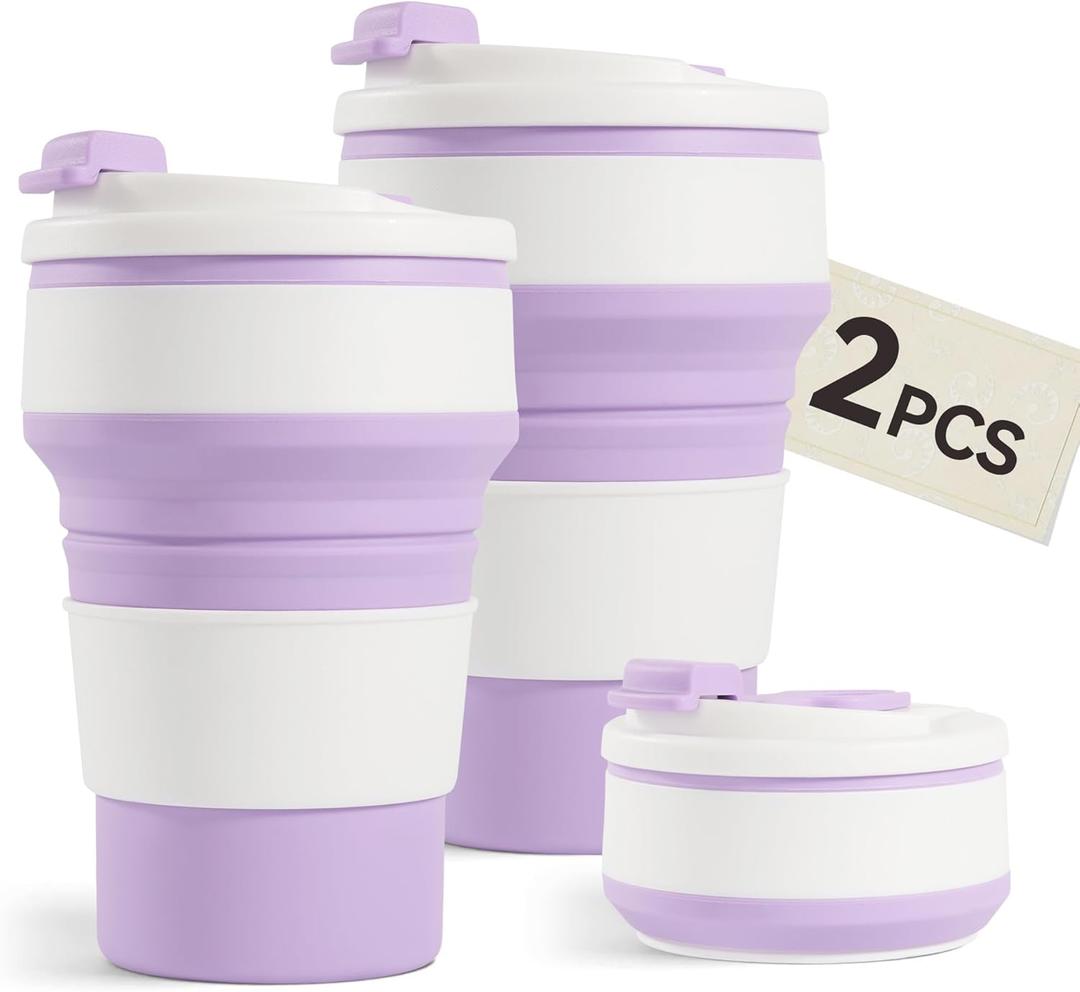 2Pcs Collapsible Cup for Traveling, Collapsible Silicone Travel Cup for Hot and 2 Drinks, Leak Proof Silicone Folding Travel Coffee Mug for Camping & Hiking, BPA Free 12oz Purple