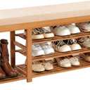 PETKABOO 47.2 in Shoe Rack Bench with Cushion, 3 Tier Bamboo Entryway Bench with Storage for Entryway, Hallway, Bedroom, Living Room