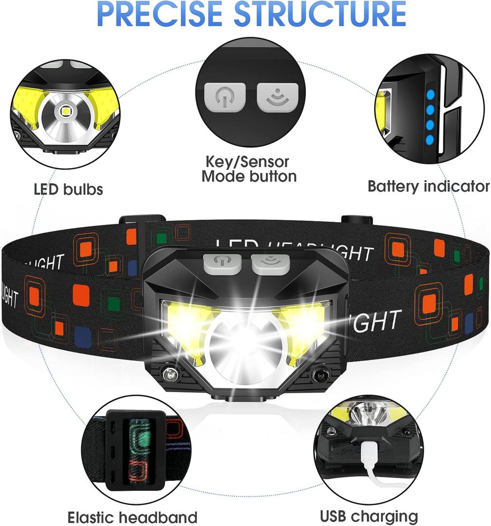 LHKNL Headlamp Flashlight, 1200 Lumen Ultra-Light Bright LED Rechargeable Headlight with White Red Light,1-Pack Waterproof Motion Sensor Head Lamp,8 Modes for Outdoor Camping Running Hiking Fishing (2 Packs, Black)