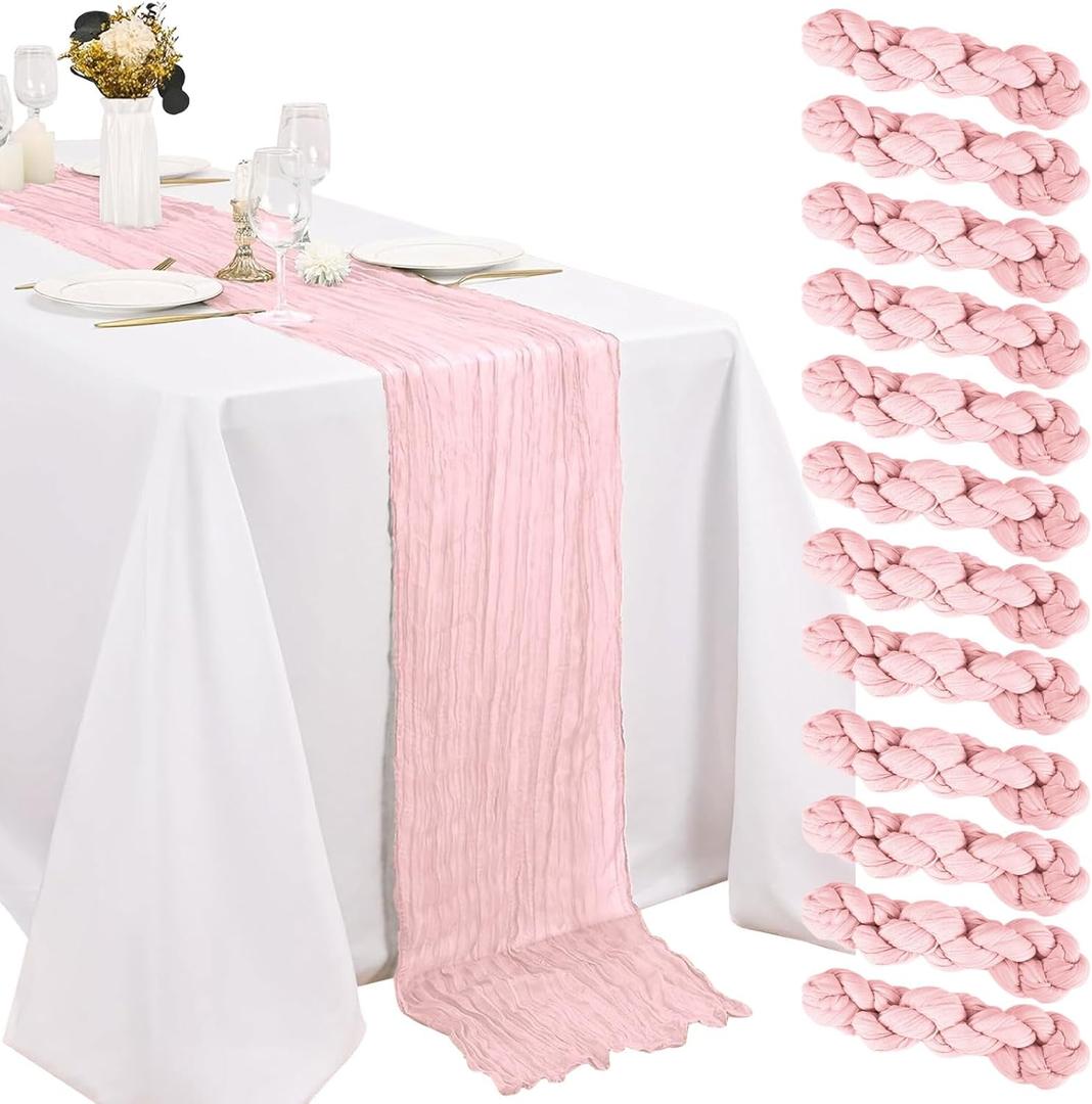 Pink Cheesecloth Table Runner 20 x120 Inch - 10FT Boho Rustic Gauze Cheese Cloth Table Runner for Wedding, Anniversary, Baby Shower, Easter, Spring Home Decor (12pack)