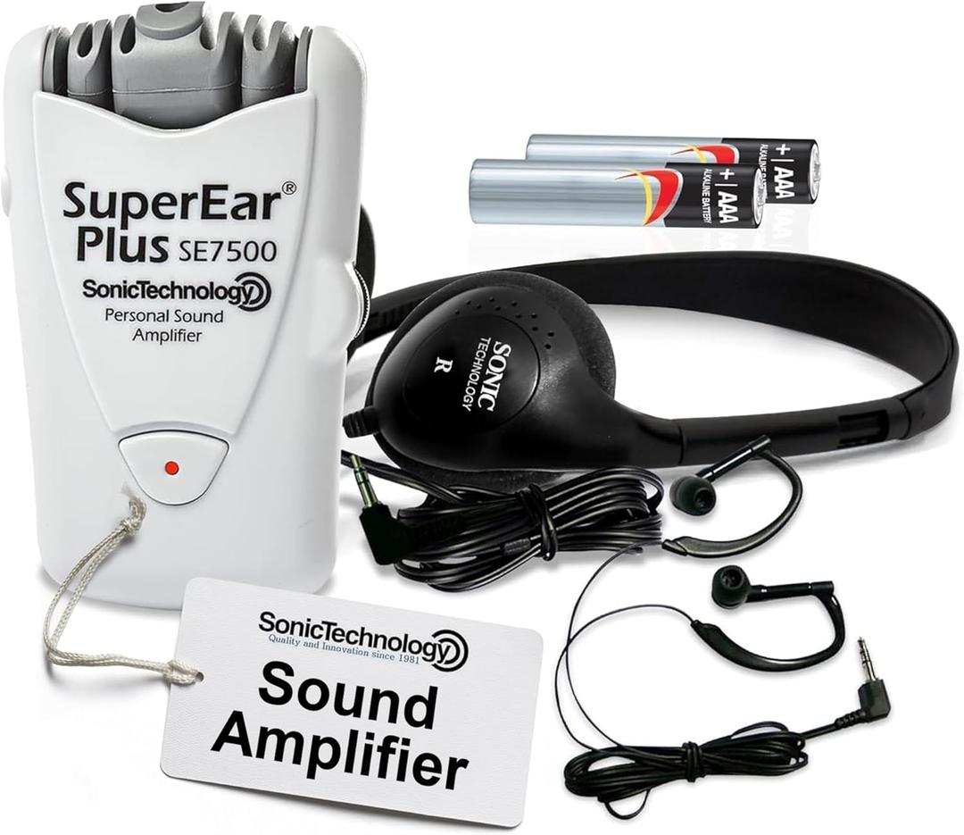 SuperEar Personal Sound Amplifier, Pocket Sound Amplifier, Headphones & Discreet Earbuds w/Auto Shut Off & Case, On/Off Volume Control, Increased Audio for Seniors, Adults, & Elderly - Plus SE7500