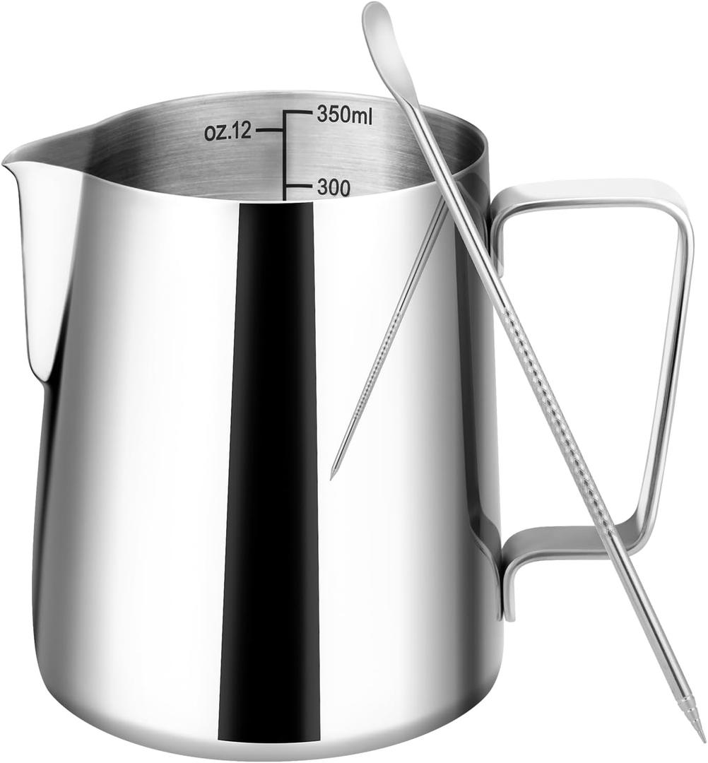 Milk Frothing Pitcher, 12oz Milk Frother Cup with Clear Scale, 304 Stainless Steel Cappuccino Espresso Machine Accessories for Barista Coffee Bar with Latte Art Pen, Silver