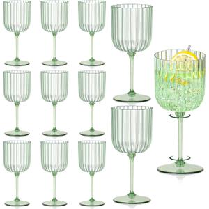 12 PCS Plastic Ribbed Wine Glasses 11oz Green Detachable Wine Goblet Unbreakable Vintage Ripple Water Goblets Cocktail Drinking Cups for Parties Weddings Poolside Outdoors