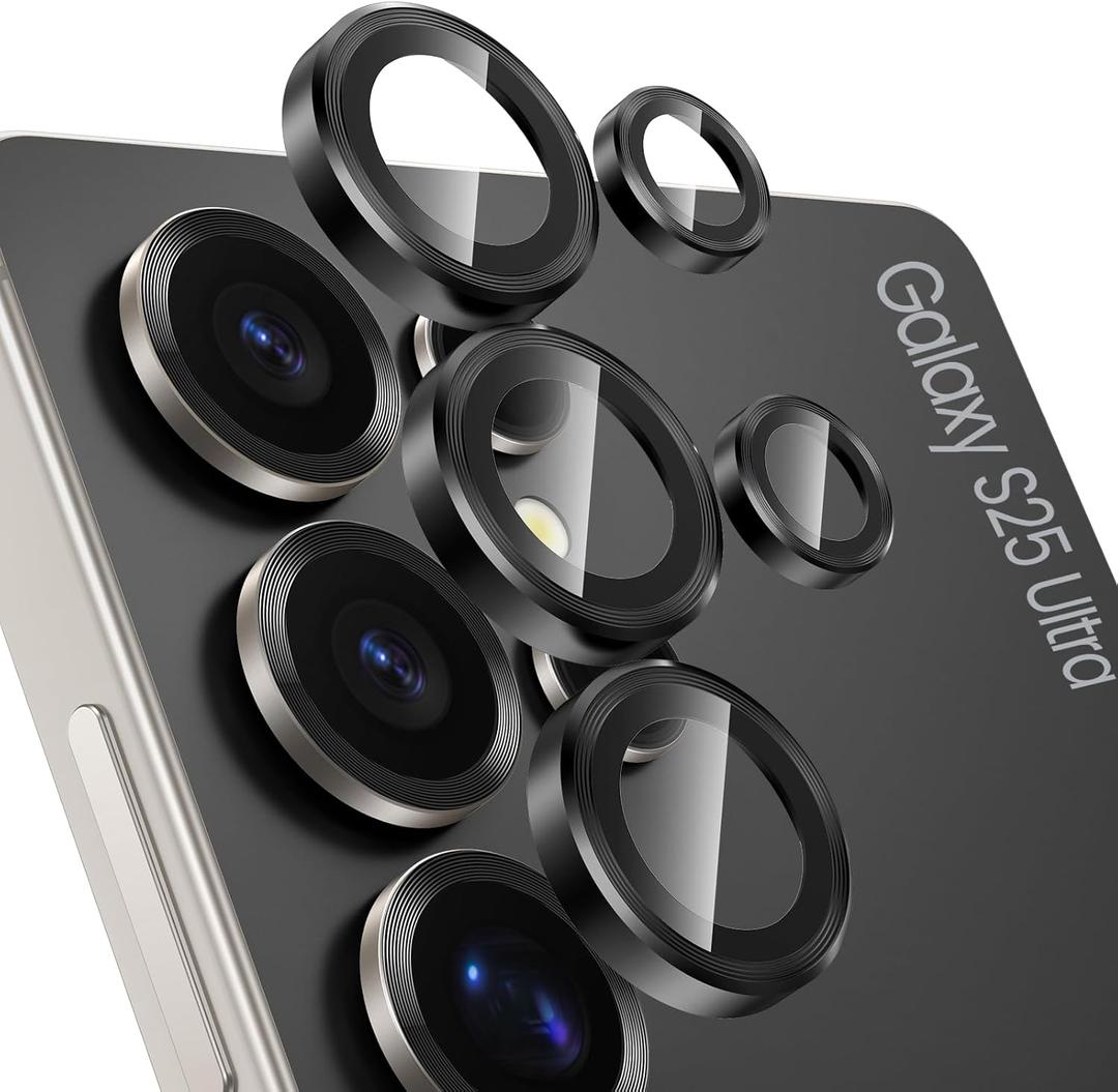 Tensea (3+2PCS Compatible with Samsung Galaxy S25 Ultra Camera Lens Protector, 9H Tempered Glass Camera Cover Screen Protector Metal Individual Ring [Installation Tray][Case Friendly] (Titanium Black)