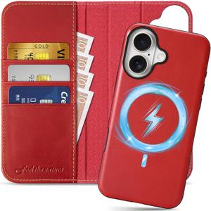 SHIELDON Wallet Case for iPhone 16 6.1" 2024, Genuine Leather Detachable 2 in 1 Book Magnetic RFID Blocking Card Slot Kickstand Shockproof Wireless Charging Case Compatible with iPhone 16 - Retro Red