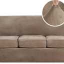 H.VERSAILTEX Modern Velvet Plush 4 Piece High Stretch Sofa Slipcover Strap Sofa Cover Furniture Protector Form Fit Luxury Thick Velvet Sofa Cover for 3 Cushion Couch Width Up to 90 Inch (Sofa, Camel)