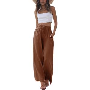 Faleave Women's Cotton Linen Summer Palazzo Pants Flowy Wide Leg Beach Trousers with Pockets (Brown, L)