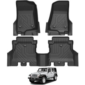 Falafa Floor Mats Fits for Jeep Wrangler JL Unlimited 4 Door 2018-2025(Not Fit for JK or 4XE) All Weather TPE Custom Heavy Duty Floor Liners Includes 1st & 2nd Row Car Mats, Black