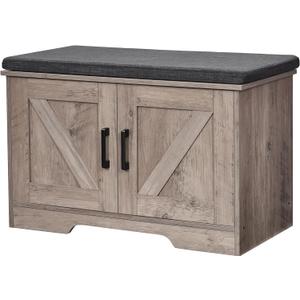 2-Tier Storage Bench, Shoe Bench with Padded Seat Cushion, Entryway Bench with 2 Barn Doors, Adjustable Shelf, 13.8" D x 27.6" W x 17.7" H, for Entryway, Living Room, Bedroom, Greige