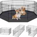 Dog Pen Pet Playpen Dog Fence Indoor Foldable Metal Wire Exercise Puppy Play Yard Pet Enclosure Indoor Outdoor 8 Panels 24 Inch with Bottom Pad/Top Cover (Black with Bottom pad)