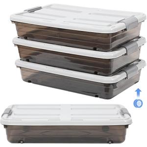 4 Pcs Plastic Under Bed Storage Containers with Lid Wheel Handle, Transparent Large Capacity Stackable Latching Storage Bins for Closet Bedroom Clothes Shoes (Brown,23.7 x 15.8 x 5.2)