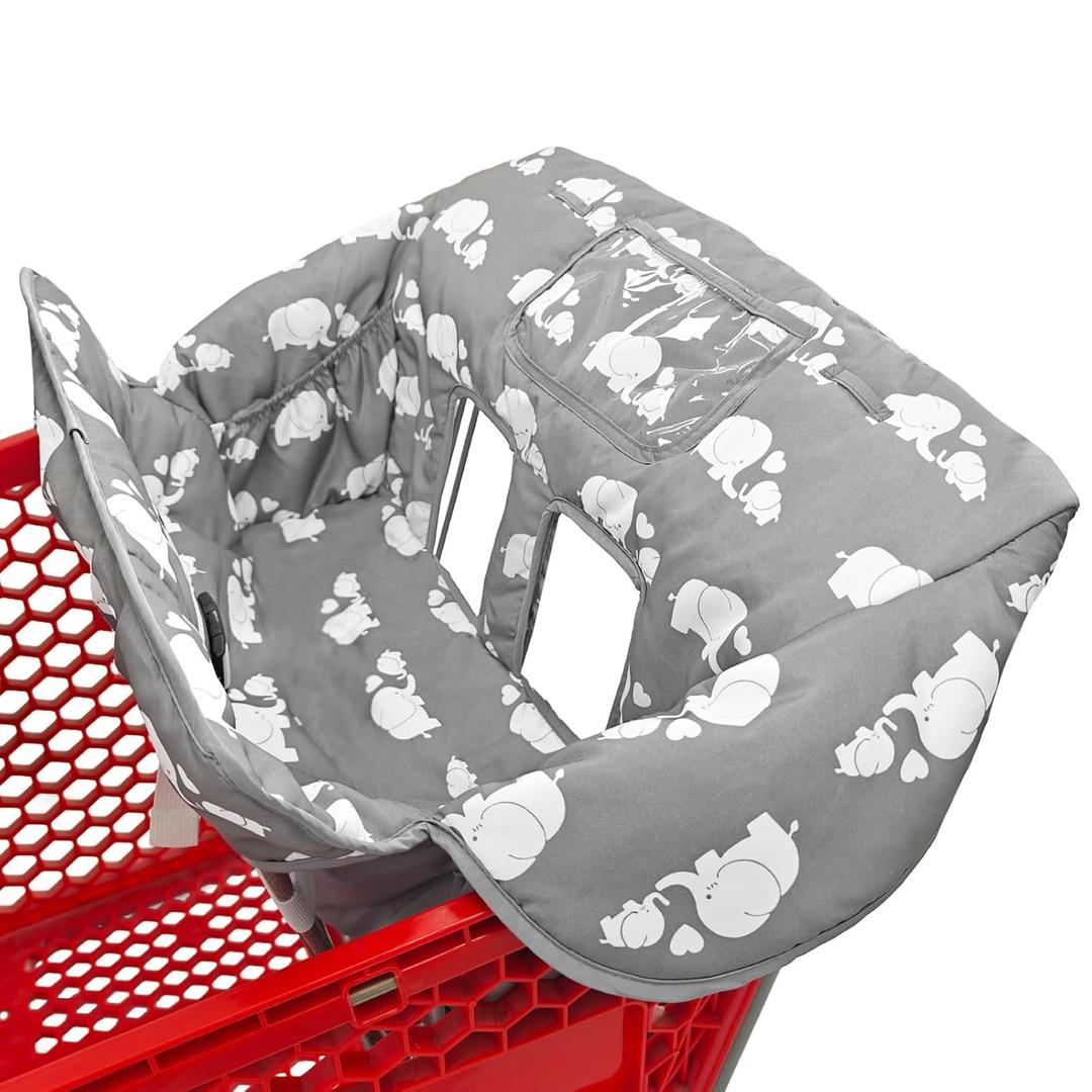 2-in-1 Shopping Cart and High Chair Cover for Baby, Padded Cover, Fold'n Roll Style, Portable with Carry Bag (Gray Elephant)
