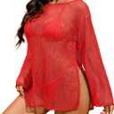 Lilosy Sexy Crochet Mesh Sheer Long Sleeve Dress Beach Bathing Suit Swim Coverup Summer Vacation Outfits One Piece Women Knit See Through Swimsuit Bikini Swimwear Red Medium