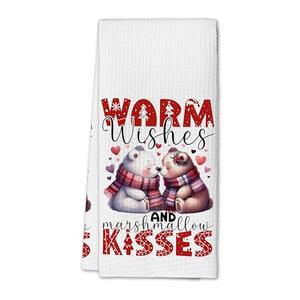 NQDWX Christmas Kitchen Towel “Warm Wishes and Marshmallow Kisses” Winter Dish Towel with Cute Bear Design Festive Hand Towel for Kitchen Bathroom Holiday Décor 16x24 Inches.(060)