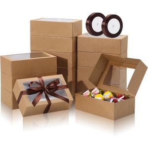 COTOPHER 30Pcs Cookie Boxes with Ribbons, 9x6x3 Inch Bakery Boxes with Window, Brown Treat Containers for Pastries, Chocolate Covered Strawberries, Dessert, Easter Candy, Muffins, Donuts