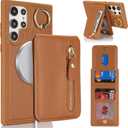 for Samsung Galaxy S22 Ultra Phone case with Card Holder with Compatible magsafe Magnetic, Key Chain PU Leather Flip Kickstand Detachable 2-in-1 Wallet case Women Men-Brown