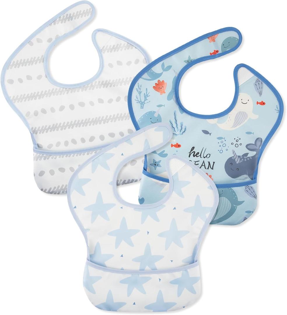 3 Pack Waterproof Baby Bib for Eating, Mess Proof Feeding Bibs with Large Food Catcher, Travel Feeding Bibs (Light Blue Ocean)