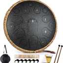 Steel Tongue Drum - HOPWELL 15 Note 14 Inch Tongue Drum - Hand Pan Drums with Music Book, Steel Handpan Drum Mallets and Carry Bag, D Major (Black)