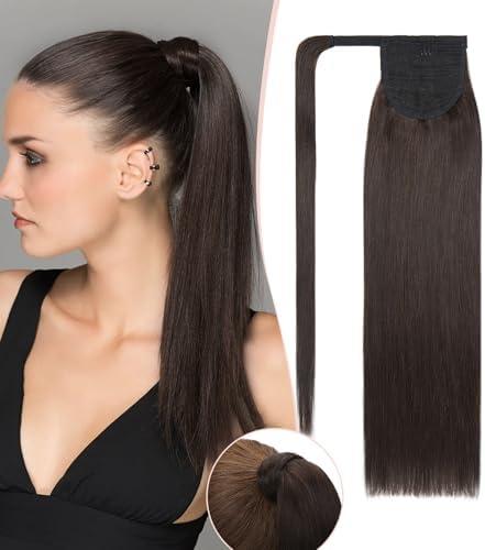 S-noilite Wrap Around Ponytail Extension Human Hair #2 Dark Brown Ponytail Extensions Real Remy Hair 22inch Long Straight Clip in Human Pony tail for Women 95Grams