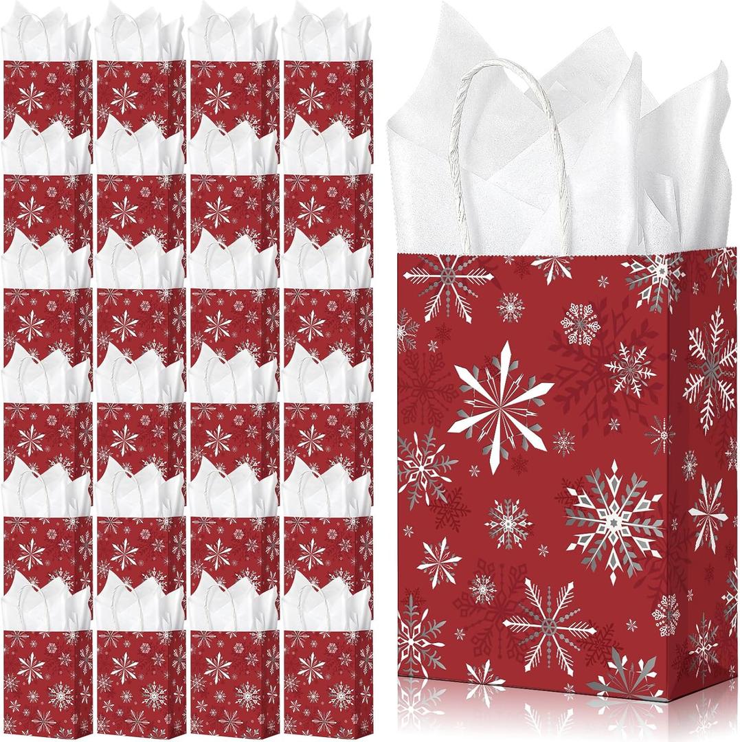 Zachely 24 Christmas Snowflake Gift Bags, Winter Red Treat Bags Bulk with 24 Tissue Paper, Holiday Kraft Paper Bags Goodie Bags with Handles for Christmas New Year Holiday Party Favors, 3.1x7x8.7 Inch