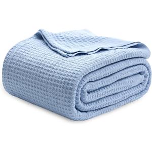 Bedsure 100% Cotton Blanket Queen Size for Bed - Breathable and Soft, Waffle Weave Blanket for Summer Spring, Sky Blue, 90x90 Inches