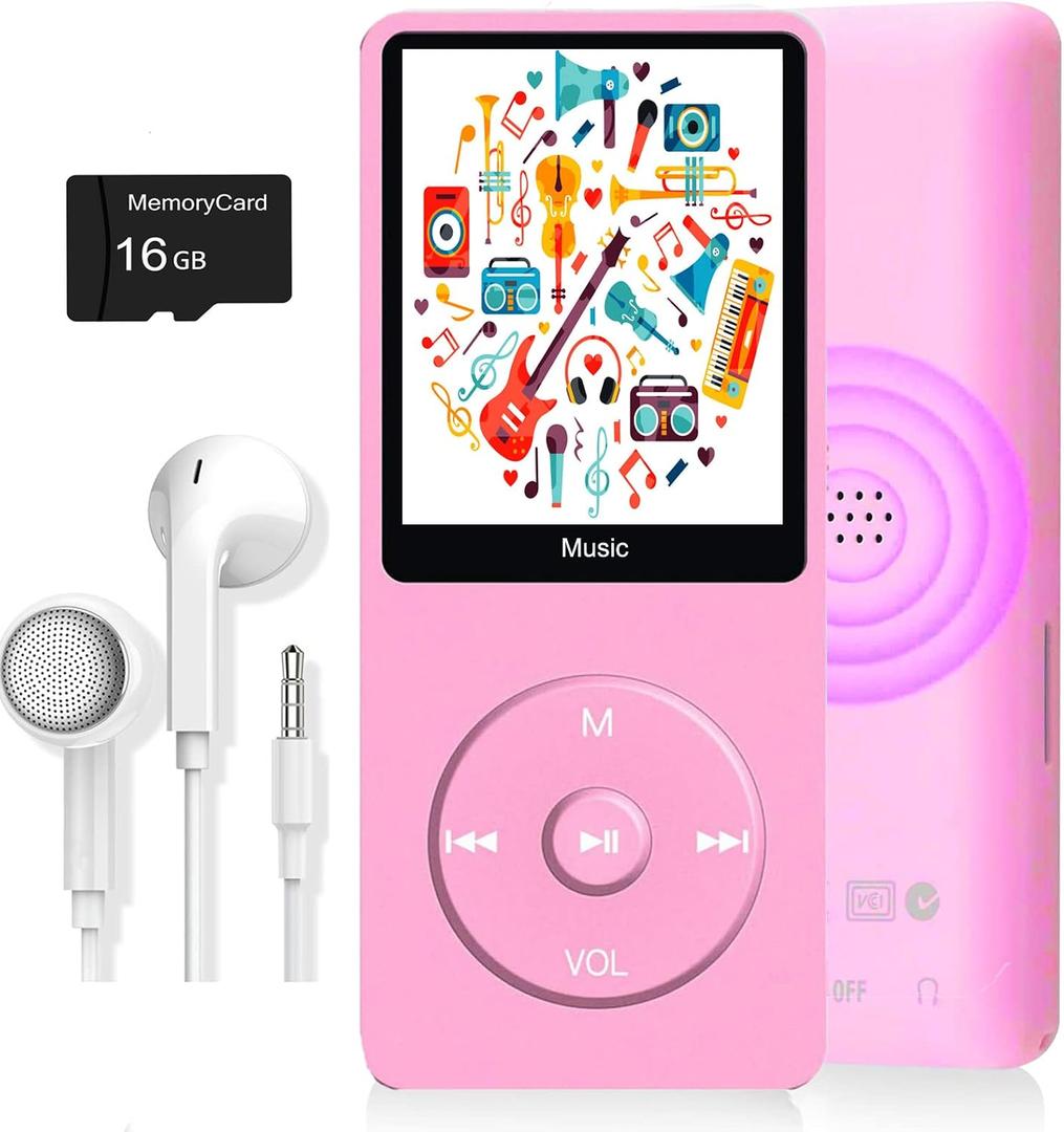 MP3 Player, Music Player with 16GB Micro SD Card, Build-in Speaker/Photo/Video Play/FM Radio/Voice Recorder/E-Book Reader, Supports up to 128GB