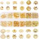 SUNNYCLUE 1 Box 240Pcs Metal Bead Caps 12 Different Flower Bead Ends Filigree Petal Brass Bead Caps Alloy Beads Spacer Accessories with Clear Box for Jewelry Making, Golden