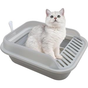 Collapsible Kitten Litter Box, Open High Sided Cat Potty Pan with Scoop Shallow Cat Toilet Anti-Splashing Low Entrance Travel Litter Box with Falling Sand Pedal for Kitty to Senior Cats