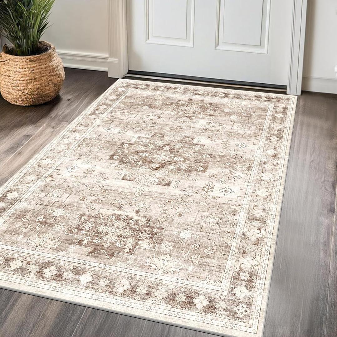 Washable Neutral Farmhouse Large Entryway Rug, 3x4 Area Rugs for Kitchen, Bedroom, Nursery Room, Boho Vintage Floral Non-Slip Throw Rug Low Pile Stain Resistant (3x4 Beige/Latte)