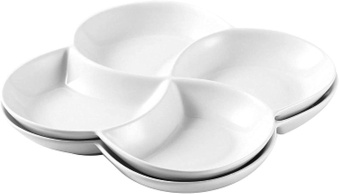 Bruntmor 8.5 inch Ceramic 4-Section Stackable Serving Tray in White, Set of 2 Appetizer, Snack, Dessert Platters | Reusable, Perfect for Dinner party, BPA-free, Oven and dishwasher Safe