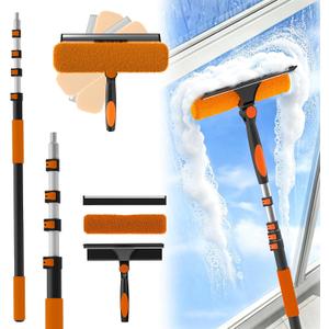 16FT Reach Window Squeegee Kit with Extension Pole, 2-in-1 Professional Washer for High Windows, 3-12FT Adjustable Reach, Rotatable Head for Indoor & Outdoor Use, Streak-Free Cleaning Tool for Home