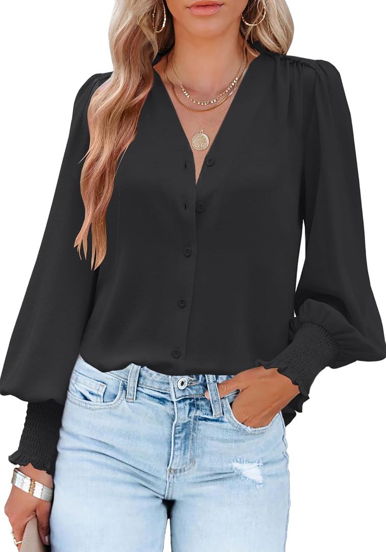 Aifer Womens Blouse Lantern Long Sleeve Dressy Casual Tops V Neck Button Down Shirts Blouses 2025 (XL, Black)
