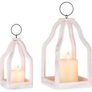 Wood Lanterns Decorative Indoor: Farmhouse Hanging Candle Holder Set of 2 Brown Table Centerpiece Fireplace Mantle Shelf 11" & 8" Rustic Home Decor Fall Ornaments Whitewashed (Washwhite)