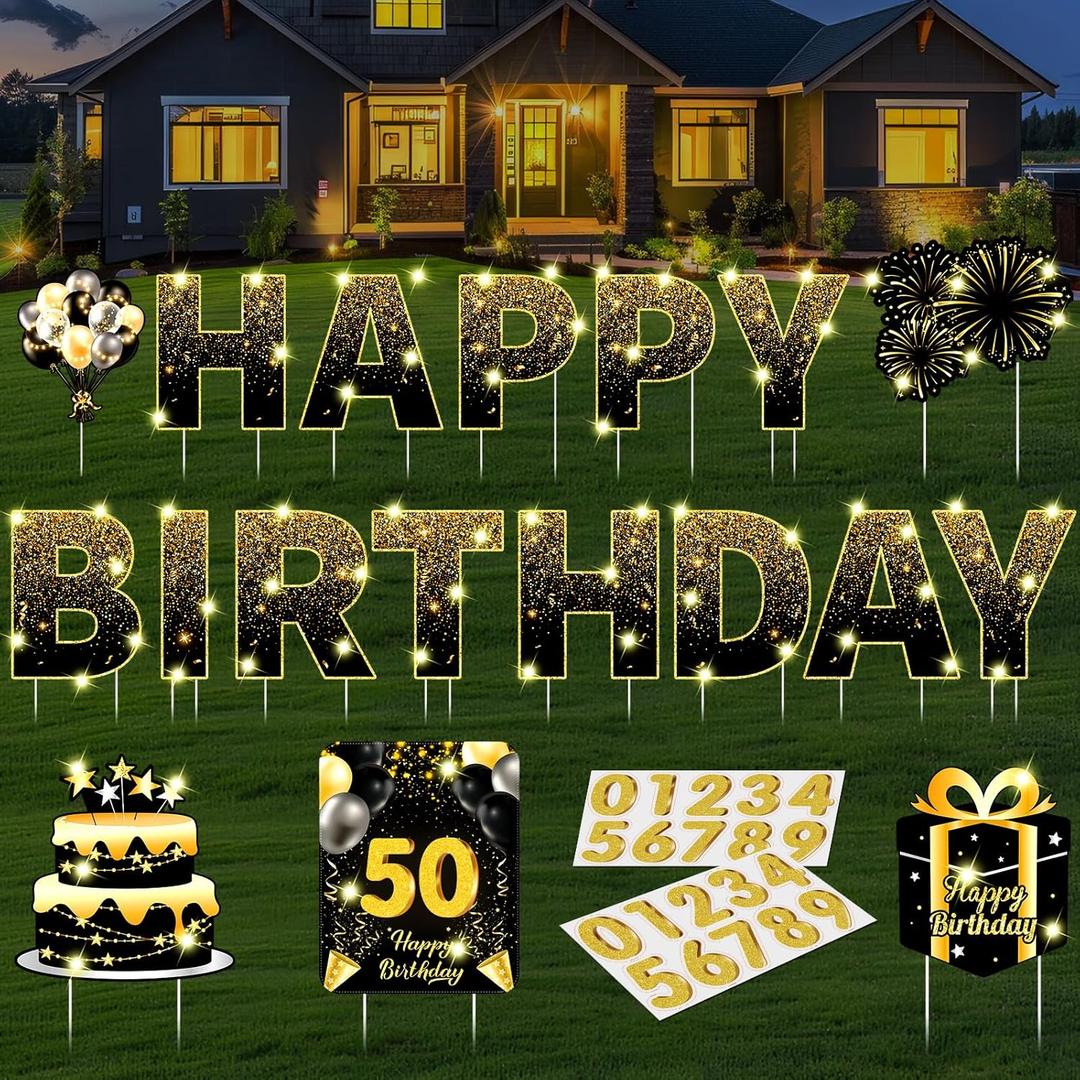 18 Pcs Black Gold Happy Birthday Yard Signs with Stakes 2 x 5 M LED Lights Personalized Age Name Sign with 20 Number Stickers 14 Inch for Yard Lawn Garden Outdoor Decoration Party Supplies