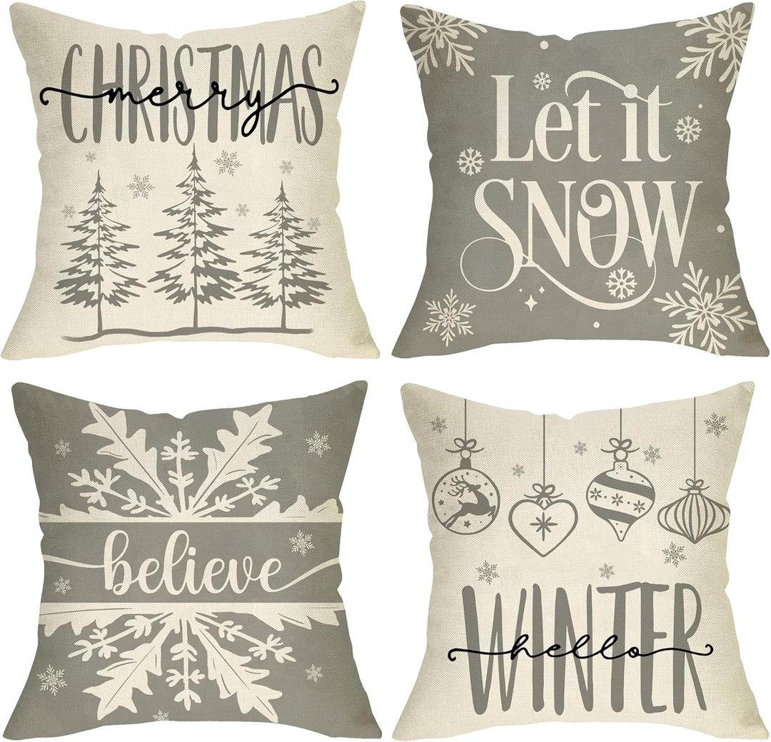 Merry Christmas Hello Winter Gray Decorative Throw Pillow Covers 18x18 Set of 4, Let It Snow Snowflakes White Porch Outdoor Home Decor, Xmas Tree Ornament Believe Holiday Couch Cushion Case