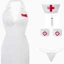 Women Sexy Nurse Lingerie Costum Nurse Cosplay Dress Hollow Maid Outfits Roleplay Naughty Lingerie Sets Nightgown (White)