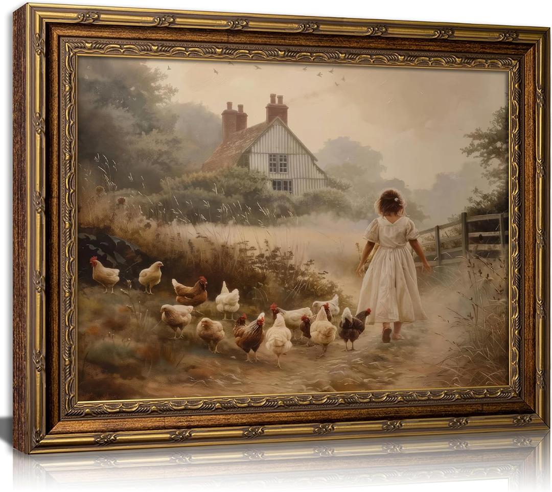 Vintage Gold Framed Farmhouse Wall Art Retro Country Farm Girl with Chicken Canvas Wall Decor Rustic Pastoral Scenery Painting Picture Artwork for Living Room Bedroom Home Decor