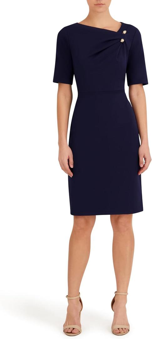 Anne Klein Women's Asymmetric Neckline Sheath Dress with Gold-Tone Button Detail 16