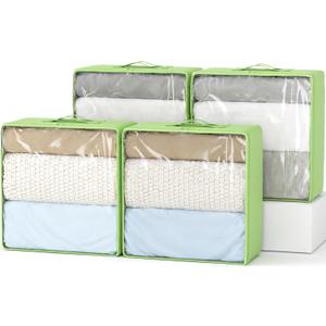 Clothes Storage Bags, Foldable Thick Fabric Blanket Storage Bags, Large Clear Window & Carry Handles, Great for Clothes, Blankets, Closets, Pillows, Toys (Green, Extra-4Pack)