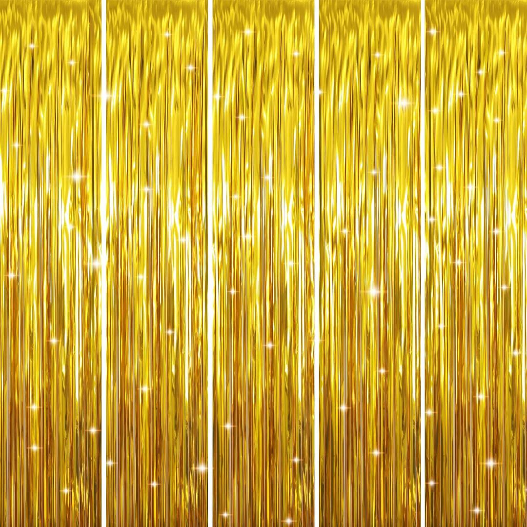 GOER 3.2 ft x 9.8 ft Metallic Tinsel Foil Fringe Curtains Party Photo Backdrop Party Streamers for Birthday,Graduation,New Year Eve Decorations Wedding Decor (Gold,5 pcs)