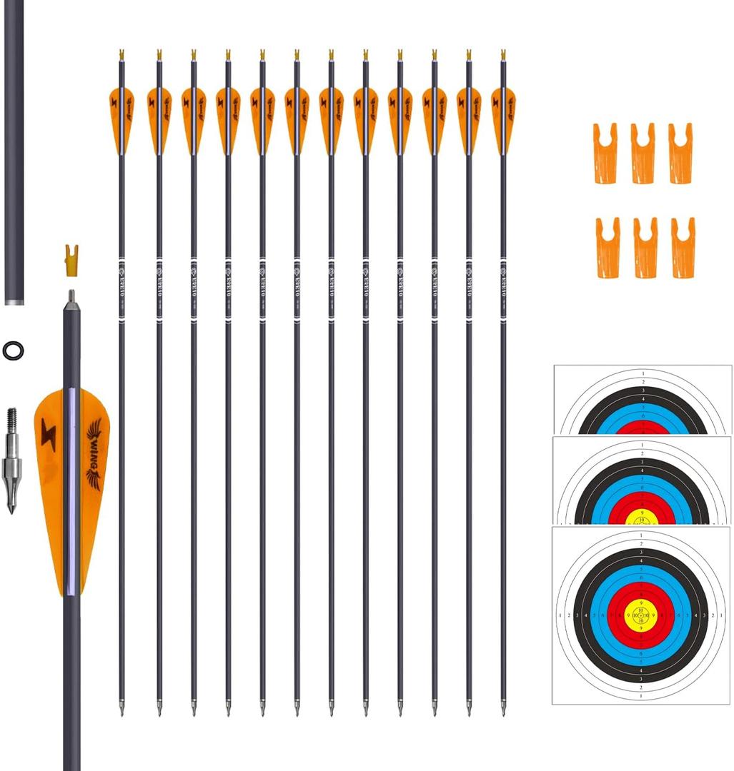 31inch Carbon Arrow Archery Targeting Practice Hunting Arrows for Compound & Recurve Bow with Removable Tips(Pack of 12) (Orange White)